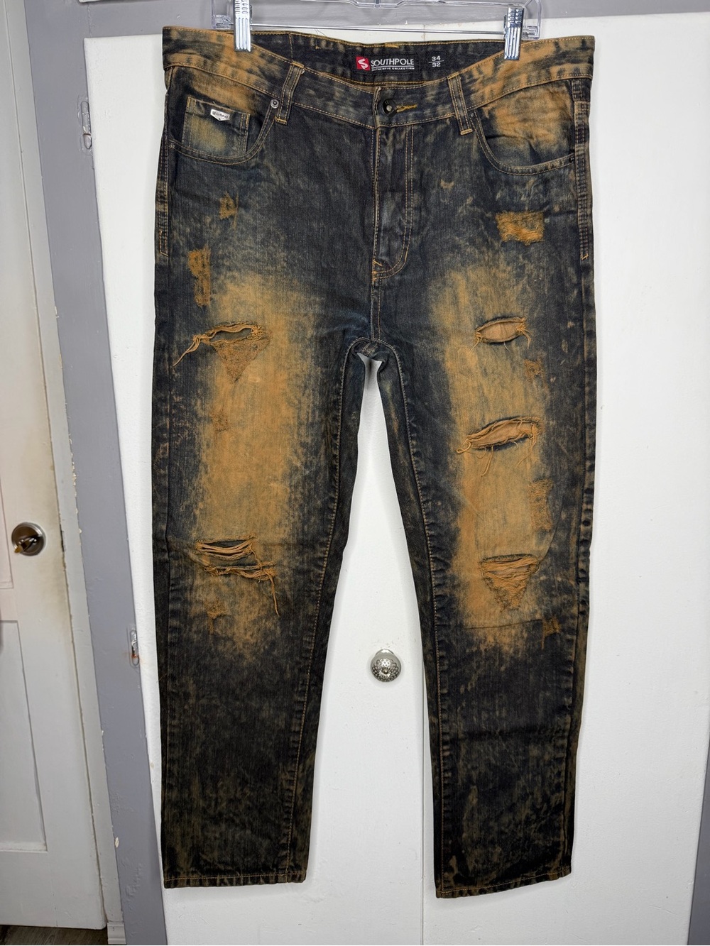 South Pole Men’s Authentic Straight Jeans 34x32 Rust Wash Distressing Y2K Grunge
